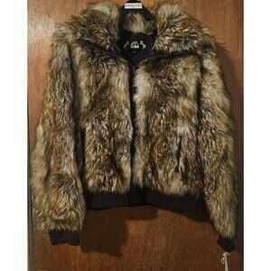 NWT Vtg M Imposter Nordstrom Faux Red Fox Fur Leather Rib Knit Trim Zip Coat